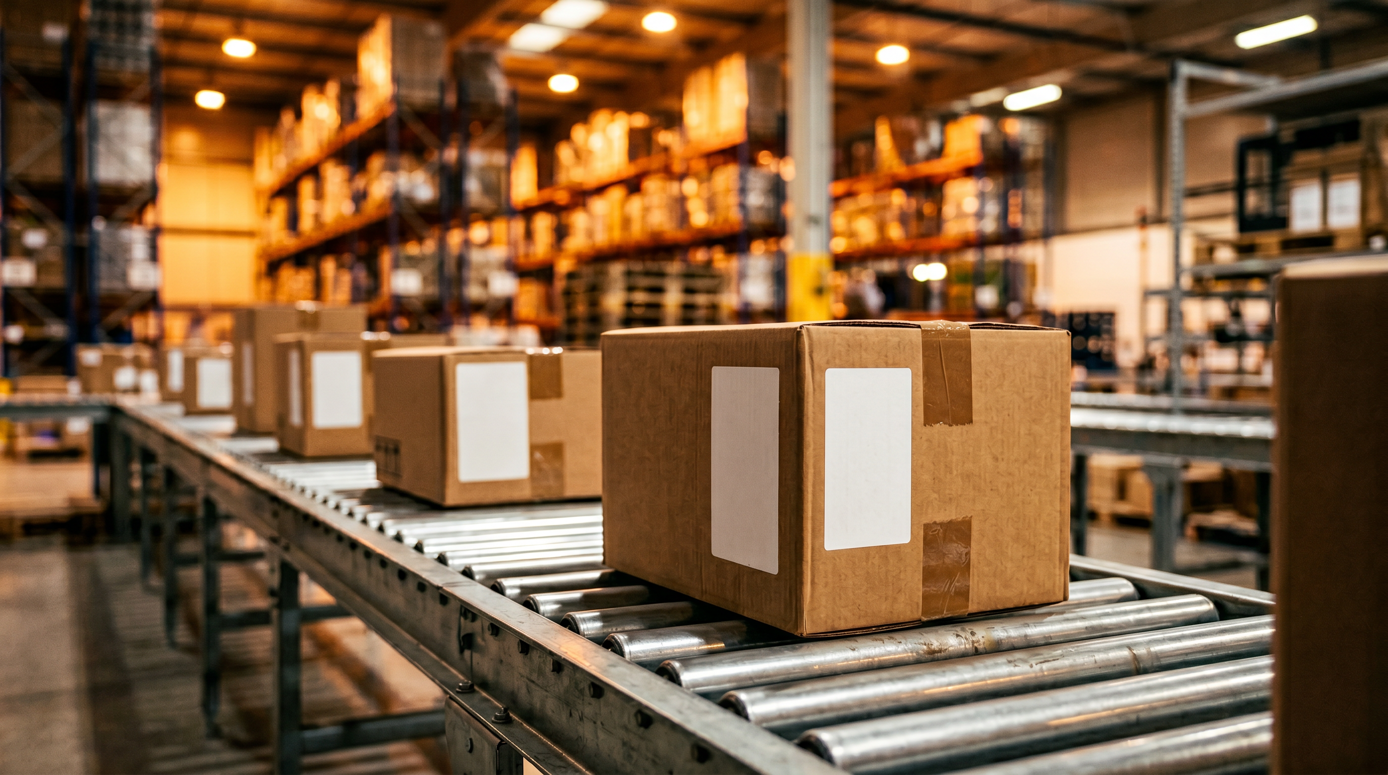 Close-up of labeled shipping boxes on a metal roller conveyor in a warm-lit warehouse