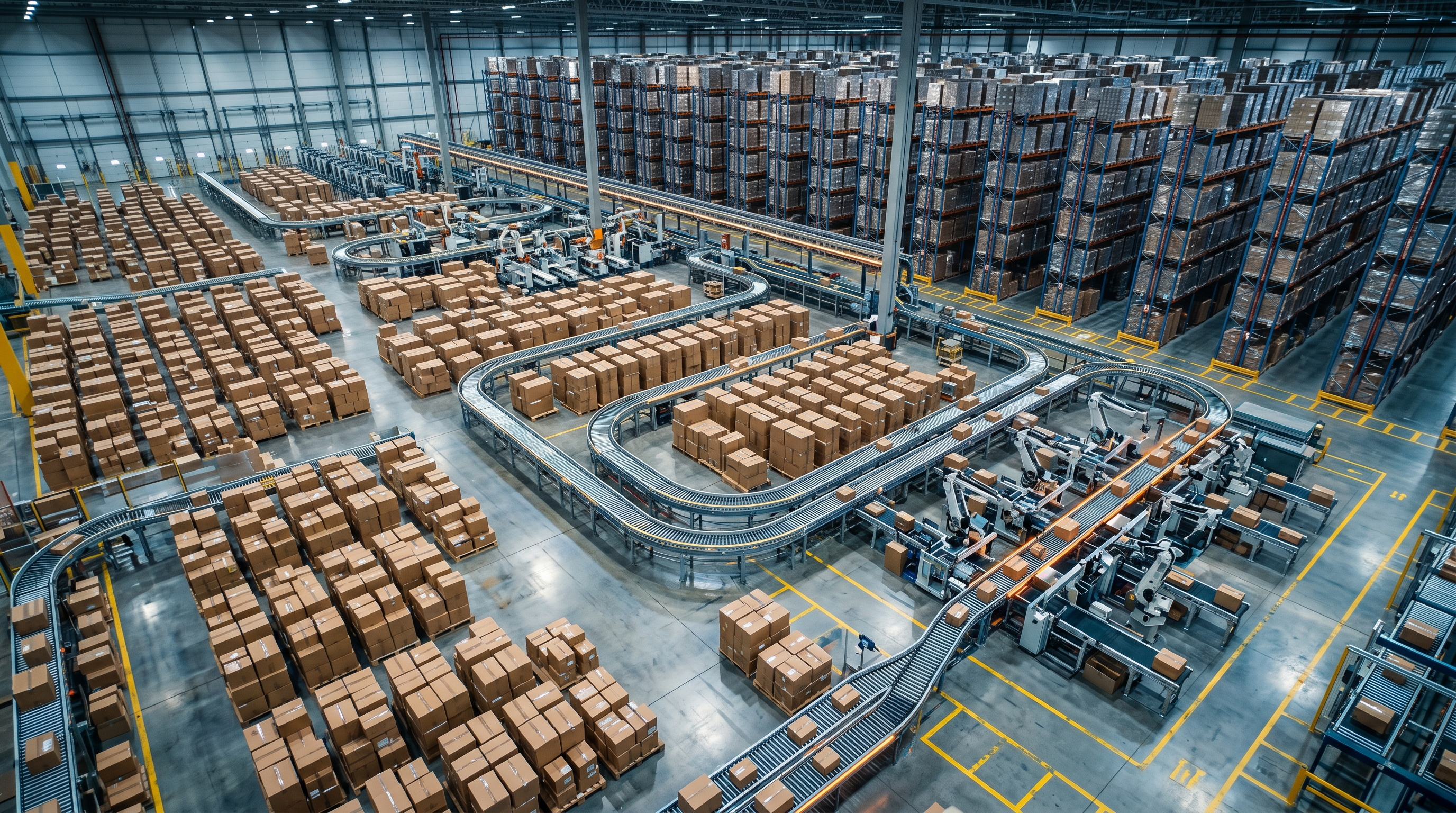 Aerial view of modern fulfillment center with conveyor belts and automated sorting